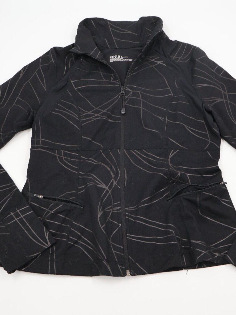 Zella Track Jacket Womens Large Black Abstract Metallic Line Full Zip Thumbhole